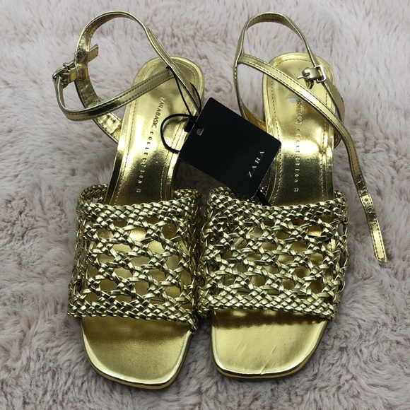 Zara gold woven open toe heeled sandal